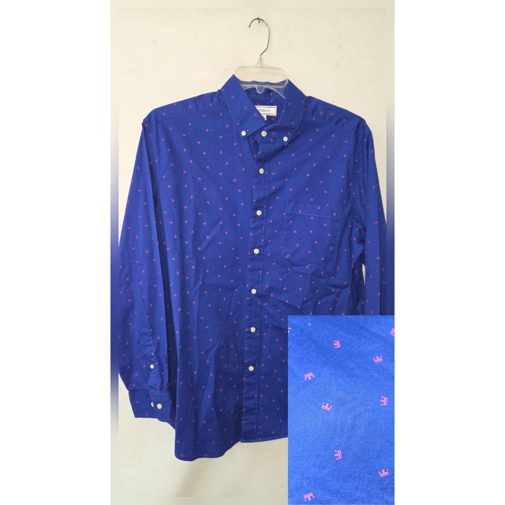 Crown & Ivy Mens Large Blue Pink Crown Print Button Down Long Sleeve Shirt L